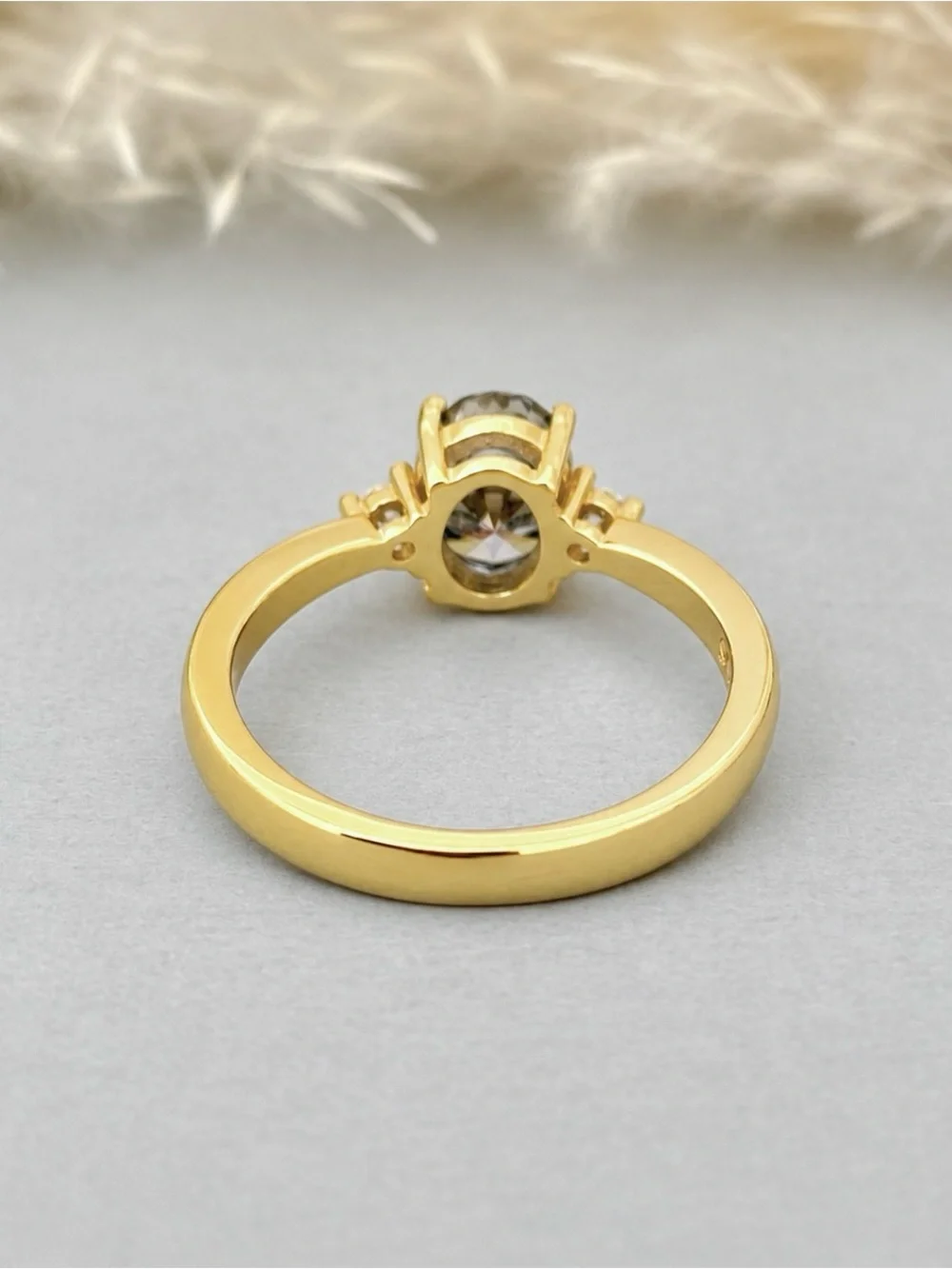 Gold Three Stone Oval Light Gray Blue Moissanite Diamond Sterling Silver Ring